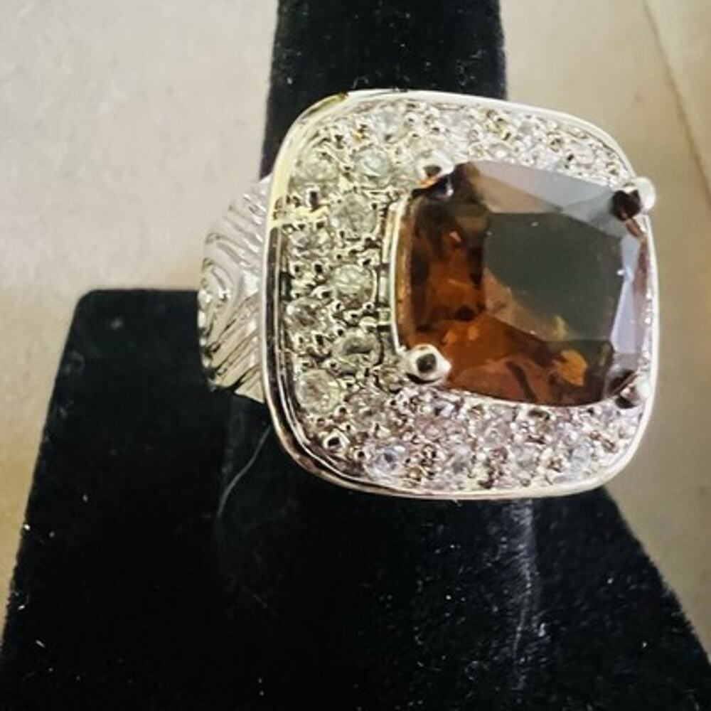 Vintage Silver Tone Cushion Cut Brown Stone Halo Prong Set Cocktail Ring Size 7